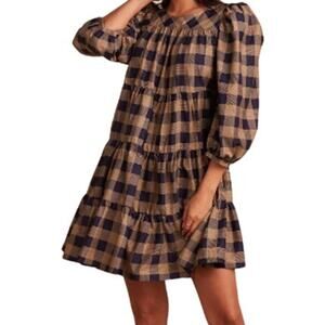 Summersalt The Luxe Pima Puff-Sleeve Mini Dress Tiered Checkered Blue Tan L NWT